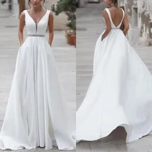 

2020 Simple Stain Wedding Dresses with Crystal Belt Sexy V-neck Pocket Design Backless Outdoor Bride Gowns vestidos de noiva