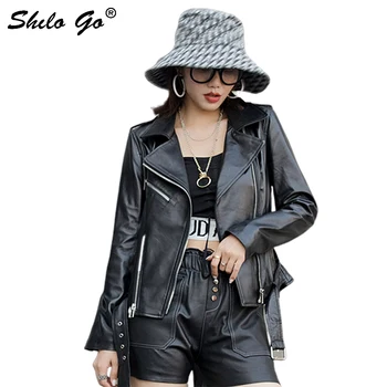 

Genuine Leather Jacket Moto Notched Neck Buckle Betled Black Jacket Coats Women Autumn Casual Highstreet Long Sleeve Fit Outwear