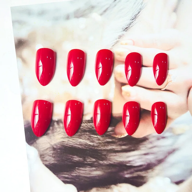 Long Almond Shape Stiletto Pointed Red Fake Nails Reusable Fashion Solid Color Ultra Thin Glossy False Nails With Glue Sticker False Nails Aliexpress
