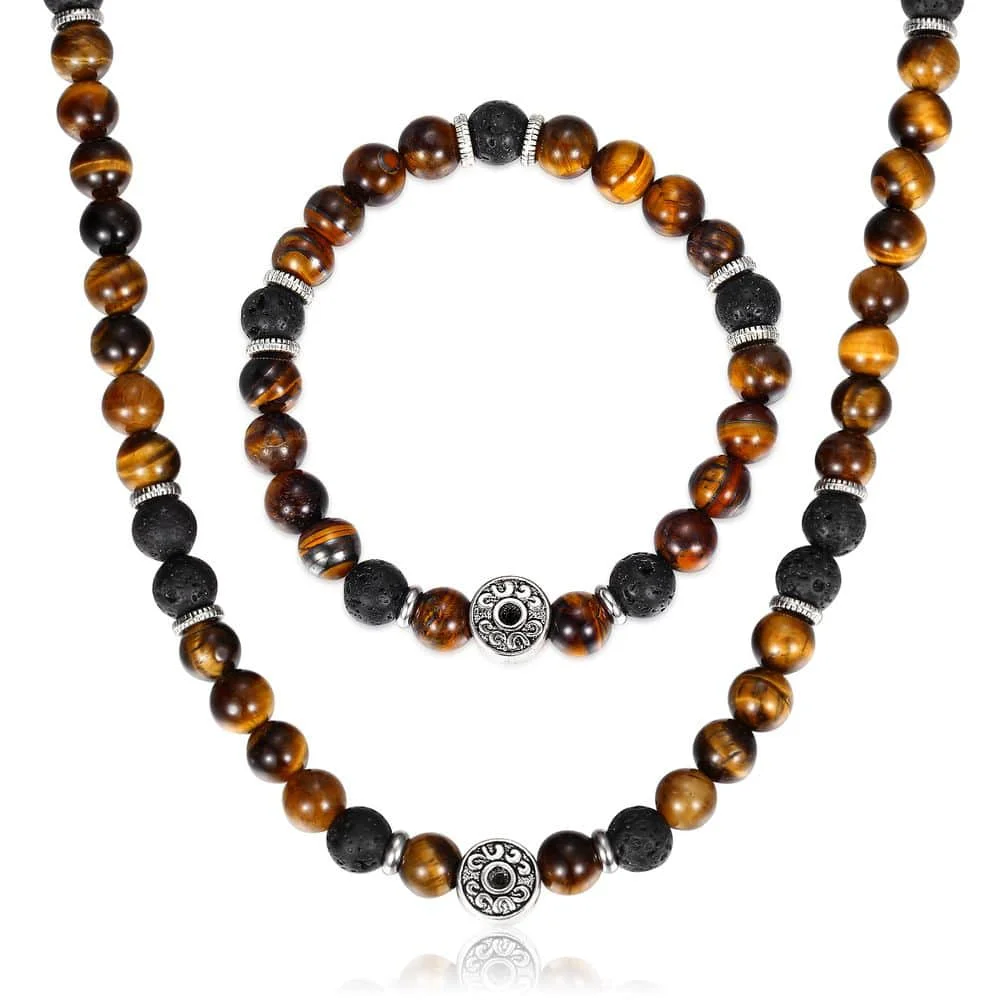 Натуральный тигровый глаз камень браслеты ожерелье набор для мужчин и женщин нержавеющая сталь Лава комплекты украшений из бусин мужской подарок DS04
