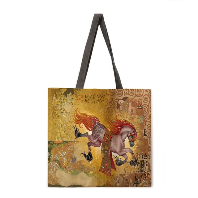 Golden oil painting leisure tote bag linen bag reusable shopping bag outdoor beach bag leisure tote bag 10