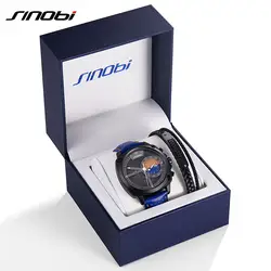 Sinobi брендовые многофункциональные Мужские кварцевые браслет комплект часов спортивные Круглый циферблат кварцевые наручные часы кожаный