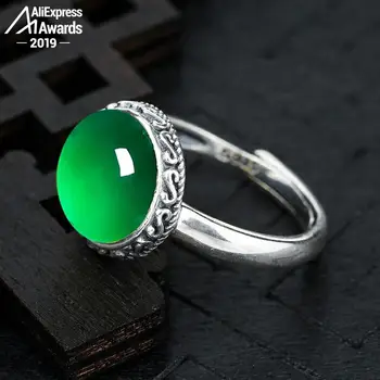 

10*10mm 6.18 Sale S925 Sterling Silver Asia Emerald Rings Jade moldevite Chinatown oriental Retro Chalcedony Jade