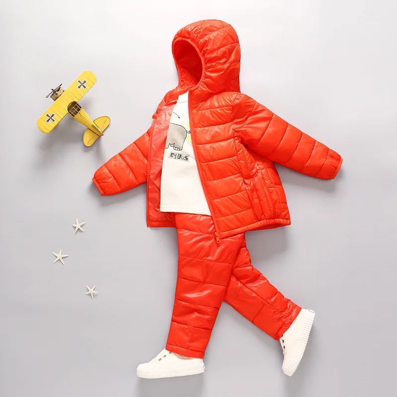 Осенне-зимнее детское пуховое пальто легкий комплект для мальчиков и девочек, детская маленькая куртка+ штаны, хлопковое пальто - Цвет: Orange