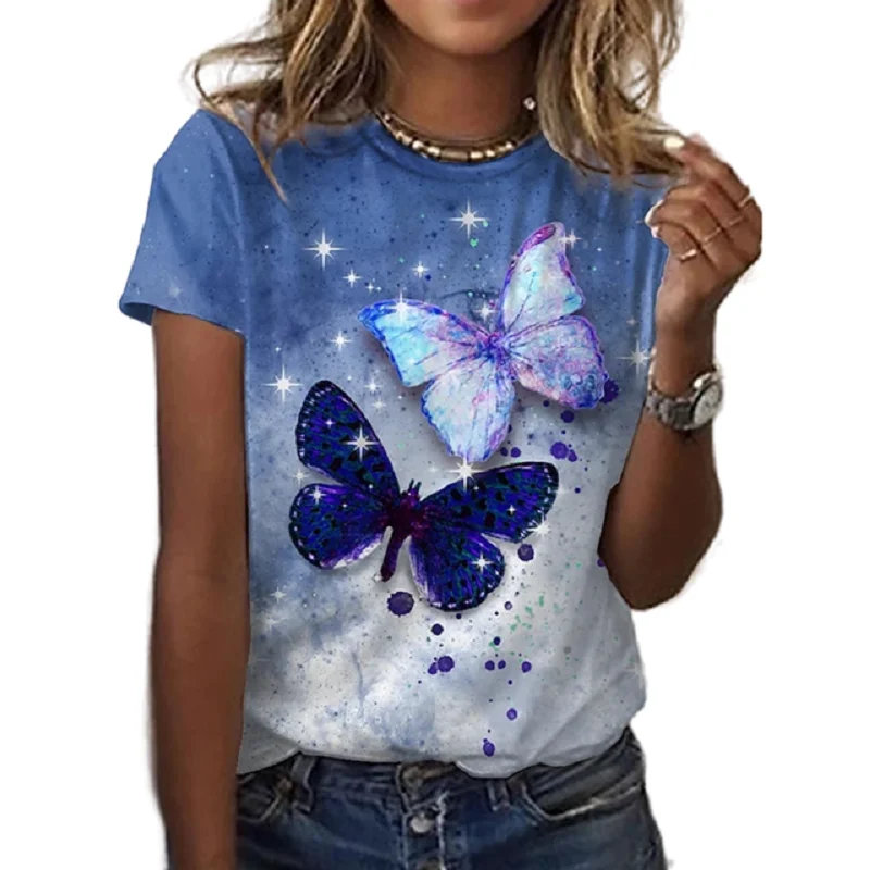 New Ladies Plus Size 3d Printed Short-sleeved Top Polyester O-neck Dress Elegant Butterfly T-shirt Casual Fashion Trend sport t shirt Tees