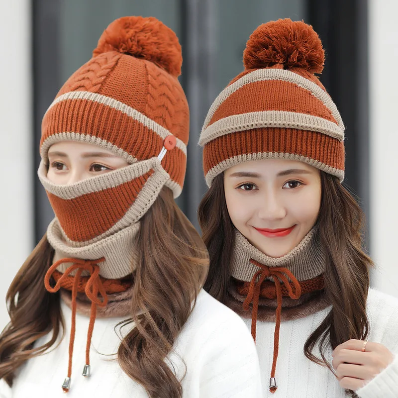Pom Beanie Scarf Mask Set Fleece Lined Winter Knit Hats for Women Outdoor Wear