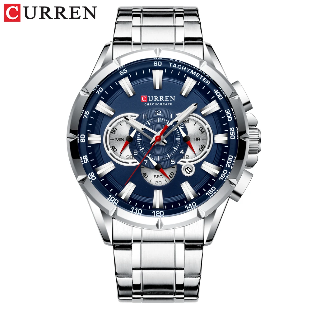 CURREN designer overlaps three dial design men's wristwatch, sports fashion high-end watch, waterproof quartz men's watch - Цвет: Silver blue