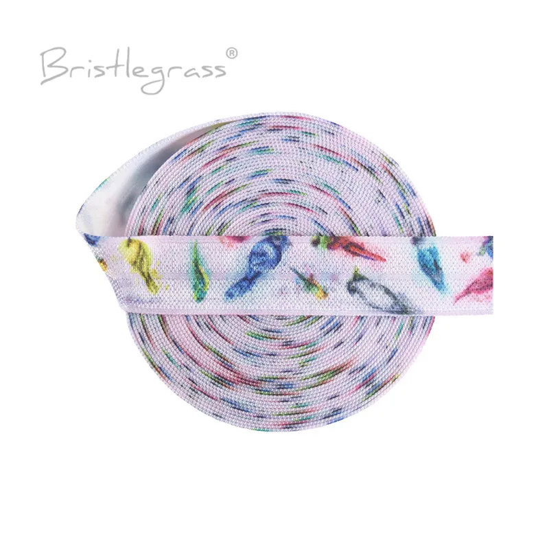 

BRISTLEGRASS 5 Yard 5/8" 15mm Bird Peacock Print Foldover Elastic FOE Spandex Satin Band Hair Tie Headband Dress DIY Sewing Trim