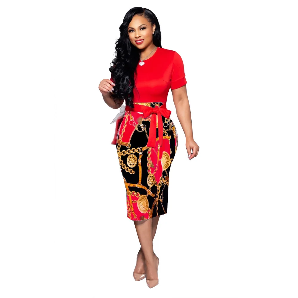 

2019 Summer Women's Fashion Casual Print Short-sleeved Bag Hip Dress Various Colors