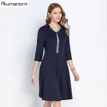 

Chain Blue Dresses With Collar Plus Size Spring Autumn A-line Knee-Length Elegant Office Woman Business Dress For Women Office