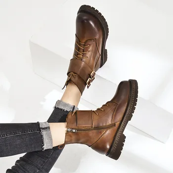 

boots women's new fall winter 2019 top layer cowhide women's single shoes, fashion and simple square root shoes