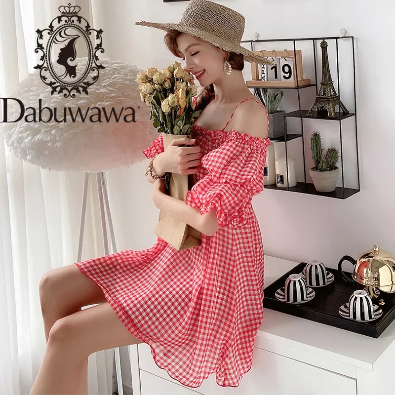 

Dabuwawa Off Shoulder Shirred Front Dress Women Puff Sleeve Nature Waist Plaid Fit and Flare Boho Dresses Female D17BDR079