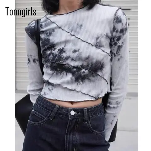 Tie Dye T-shirt Women Casual Long Sleeve Tshirt Streetwear Tees top Y2k Crop Tops  Irregual T-shirt Autumn Spring 2021