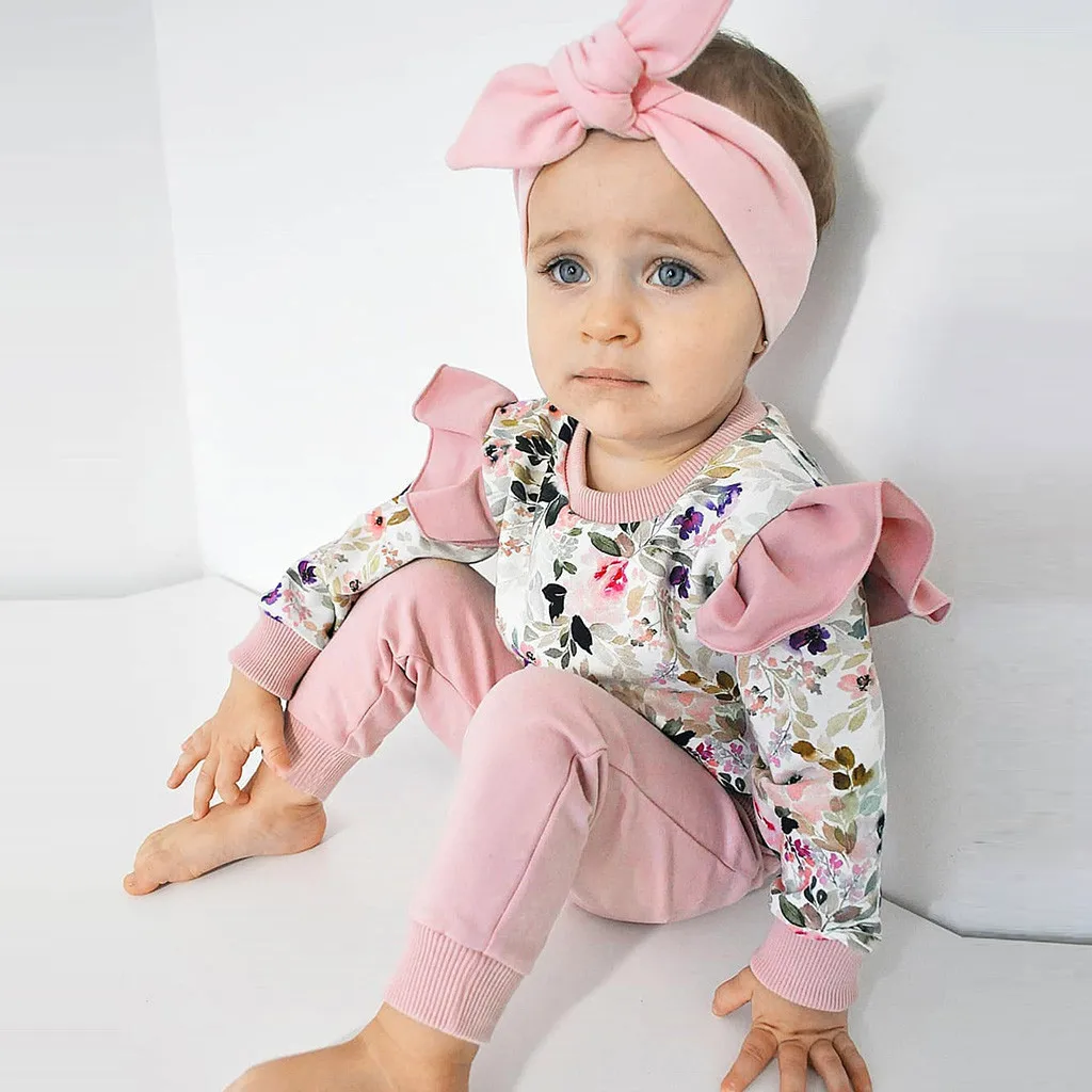 Newborn Baby Girls Ruffle Tops Leggings Pants 2Pcs Outfits Set Infant Round Neck Long Sleeve Pants Suit Winter Warm Clothing