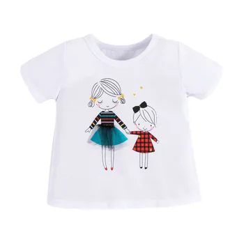 

Little Maven New Summer Children Clothing White Sisters Cartoon O-neck Short- sleeved Cotton Knitted Girls Casual Tshirts Tops