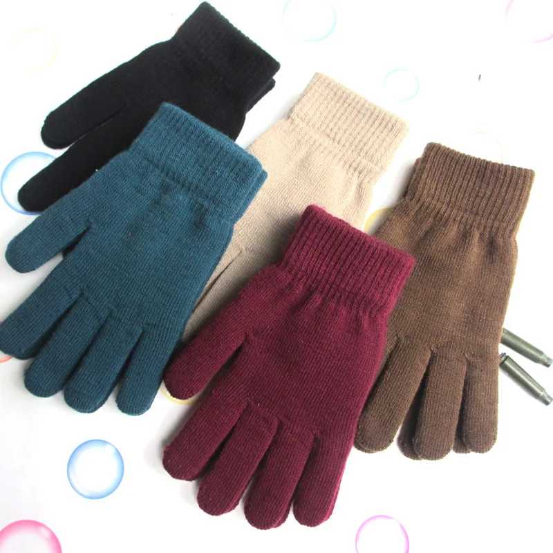 Warm gloves winter thickening plus velvet stretch knitted five-finger  for men and women's