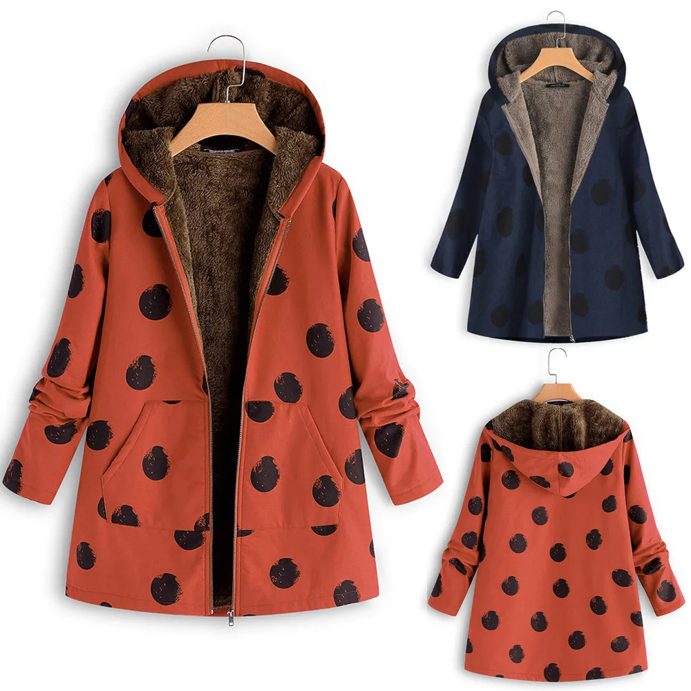 Jaycosin модное женское зимнее теплое пальто в горошек с капюшоном, стильное пальто с длинным рукавом и удобными карманами, винтажные пальто больших размеров 184