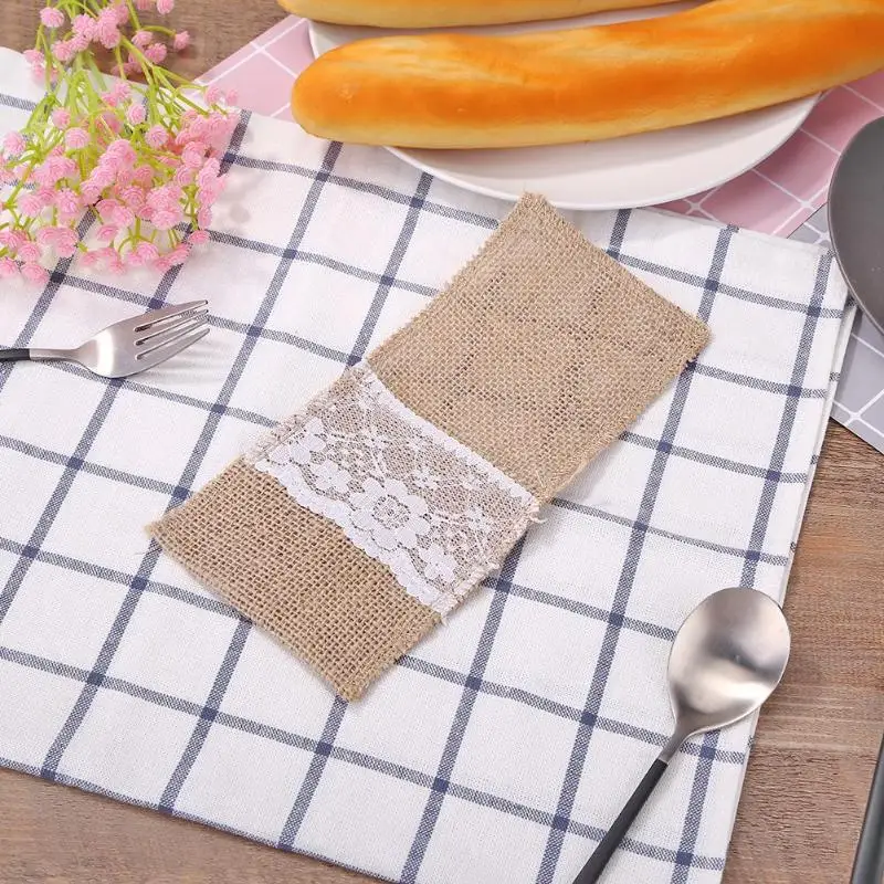 10 шт. DIY мешковины кружева держатели столовых приборов винтажный джутовый карман для столовых приборов посуда свадебные украшения стола сумки для хранения инструментов