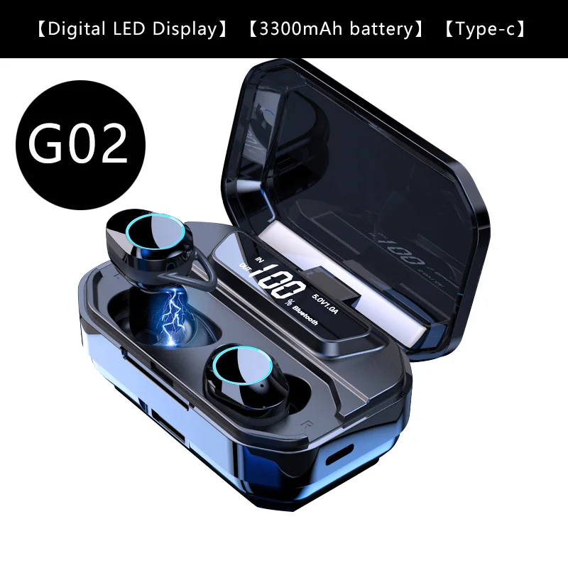 G02 V5.0 Bluetooth стерео наушники беспроводные IPX7 водонепроницаемые сенсорные наушники гарнитура 3300 мАч светодиодный аккумулятор с дисплеем type-c чехол для зарядки - Цвет: G02 LED display