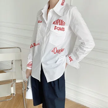 

Fashion Classic Trendy Brand Luxry Design Embroidered Letter Lapel Long Sleeve Button Pocket White Shirt Women Blouse