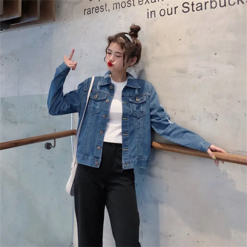 

2019 New Style Versatile Jeans Coat WOMEN'S Dress Loose Autumn with Holes Korean-style Fashion Students Harajuku BF Tops Large S