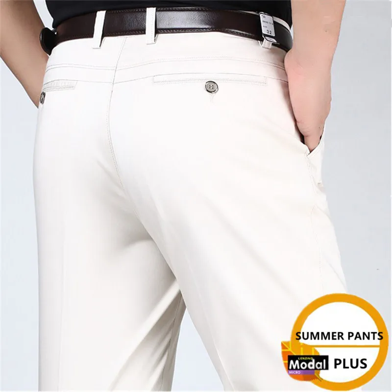 Formal Pants For Men Business Summer Classic Office High Waisted Modal Plus Size 38 40 42 Pure White Straight Thin Male Trousers