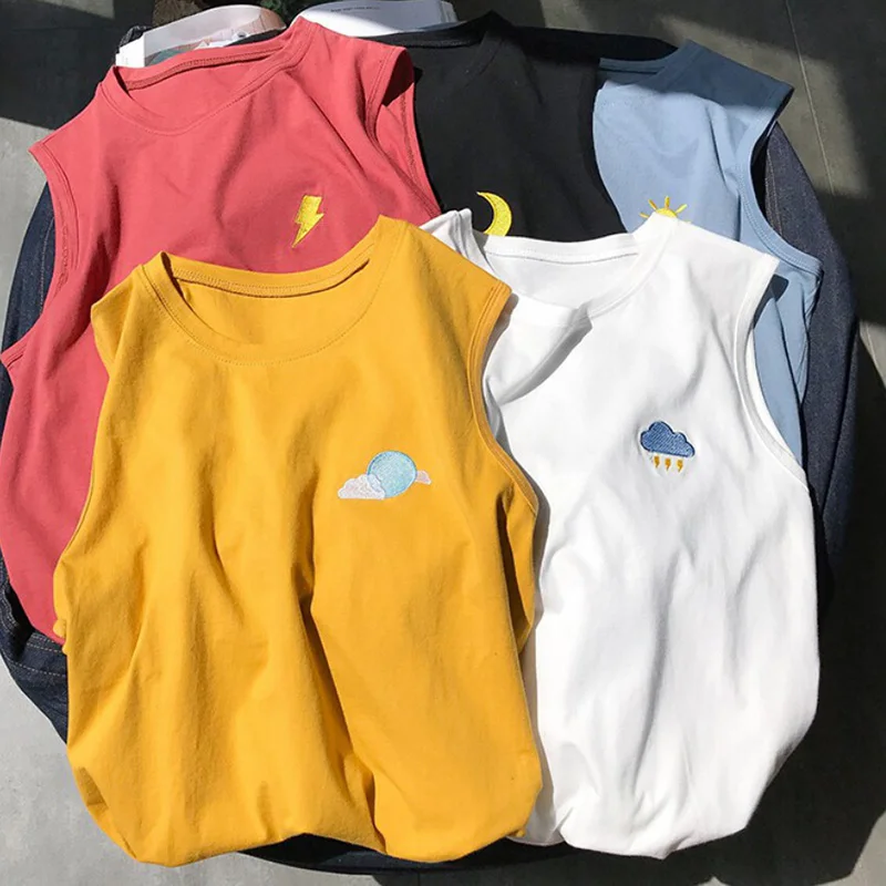 Women Tank Tops Summer Clothing Fashion Casual Loose Cotton Embroidered Moon Sleeveless Vest