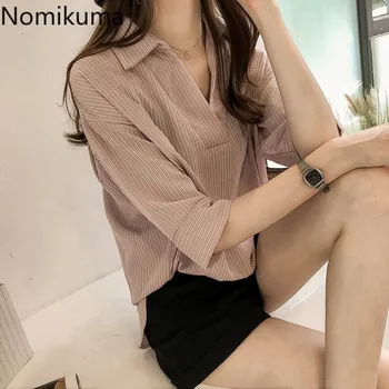 

Nomikuma Korean Striped Womens Tops and Blouses Chiffon 3/4 Sleeve V-neck Blusas Mujer De Moda 2020 New OL Style Shirt 3Z329