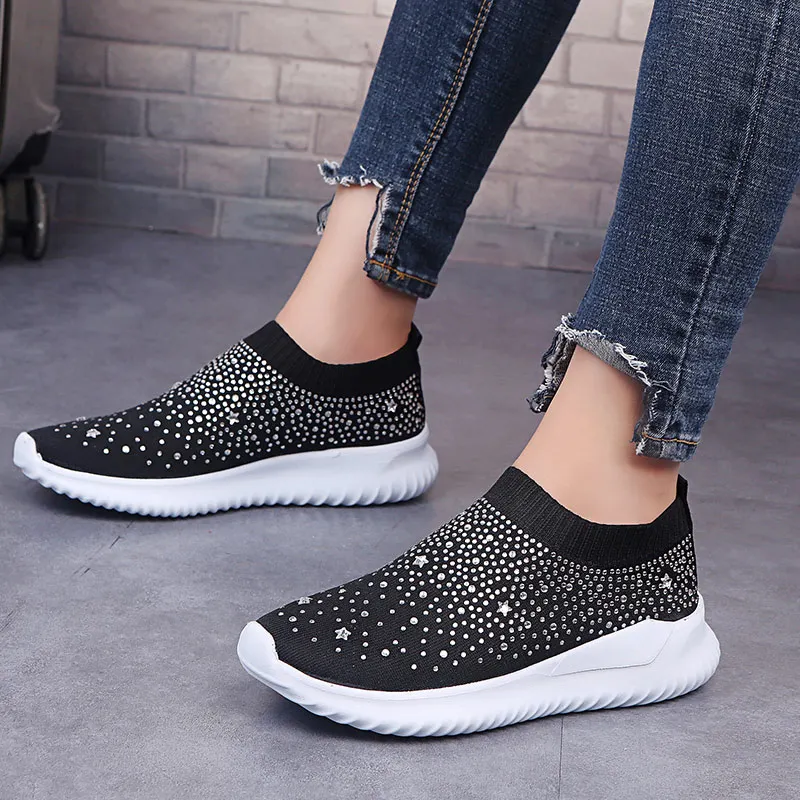 

Women Autumn Sneakers Women's Vulcanised Shoes Rhinestone Slip On Knitting Ladies Shoes Shiny Female Casual Platfrom Shoes