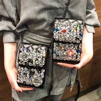 

Women Crystal Shoulder Bags For Cellphone Black Mini Crossbody Bags Handbags Luxury Small Metal Chain Purse Ladies Evening Bags