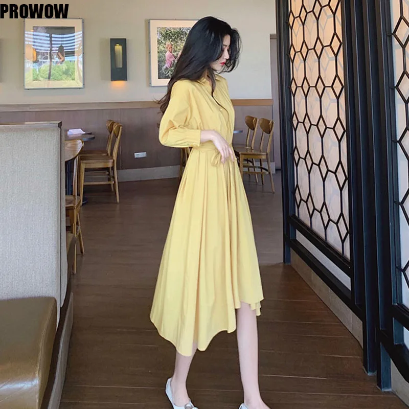 2020 Summer Office Lady Korean Elegant Dresses Retro Puff Sleeve Lace Up Waist Fairy Dress White Shirt Dress