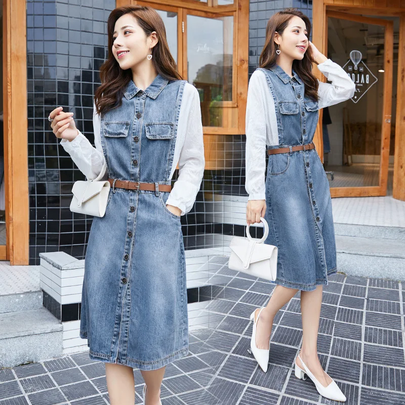 

Fashion Cowboy Splicing Dress Women's 2020 Spring And Autumn New Style Waist Hugging Slimming Mid-length Mock Two-Piece One-step