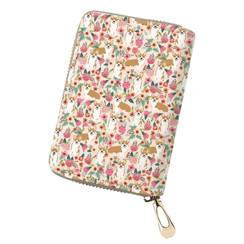 

THIKIN Kawaii Corgi and Floral Print Card Holder for Women Girls PU Leather Cards Bag Business Purse Custom Coin Wallet Female
