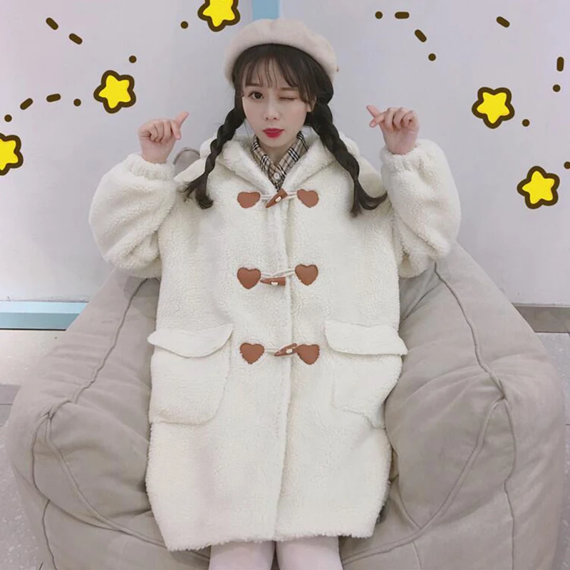 Японский Мори девушка любовь сердце Рог пряжка с капюшоном большой карман пальто зима для женщин утолщаются овечьей шерсти пальто милые девушки куртка в стиле каваи