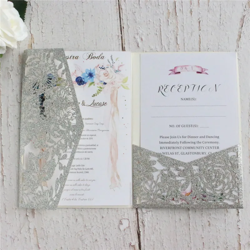 Personalizzato пригласительная открытка на свадьбу блестящий цветок из розового золота поздравительные открытки трехслойный карман 50 шт - Цвет: silver