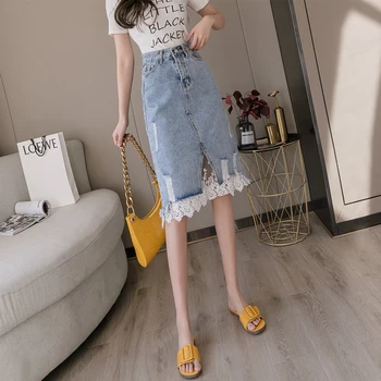 

Korea Summer Package Hip Skirt Ladies Elegant High Waist Pockets Women Jeans Skirts Casual Lace Splice Knee Denim Skirt