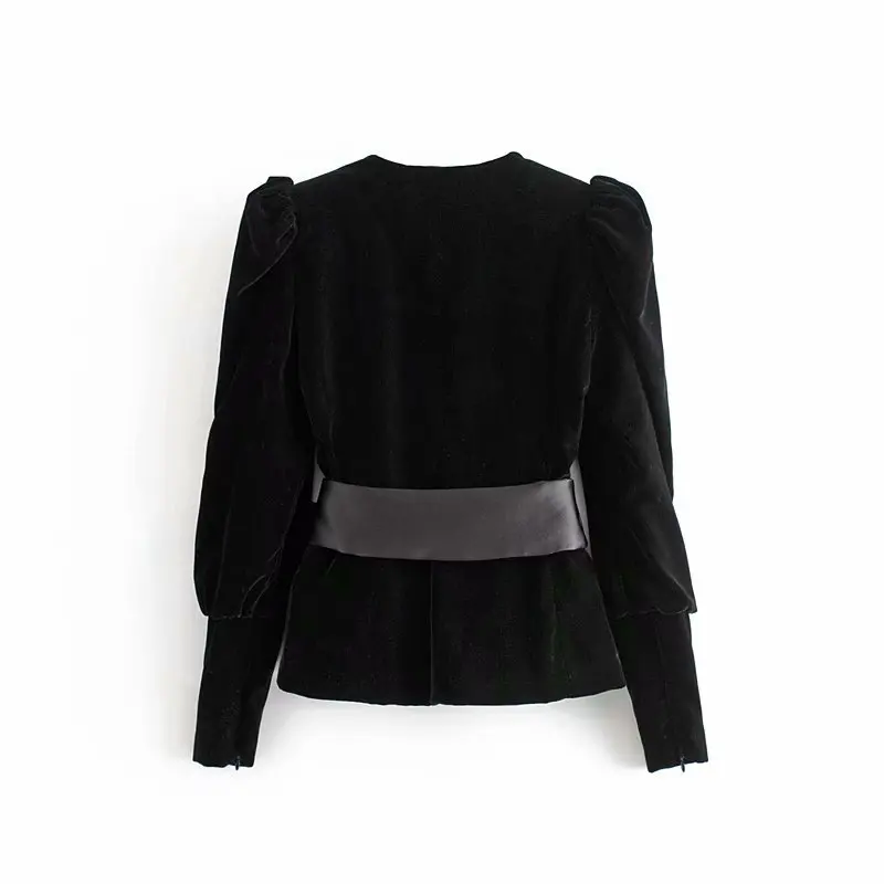 remarkable  Women Velvet Jacket Elegant Lady Deep V Neck Big Bow Sashes Long Puff Sleeve Coat Winter Chic Femal