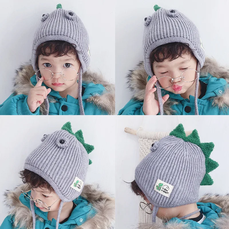 Зимняя теплая детская шапка с динозавром, Детская вязаная шапка с завязками, милая детская шапка с рисунком