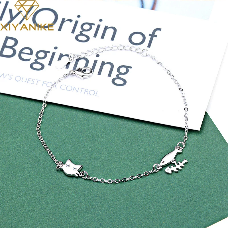 XIYANIKE 925 серебро креативный ручной работы Кот браслеты с рыбками регулируемые для женщин модные очаровательные ювелирные аксессуары