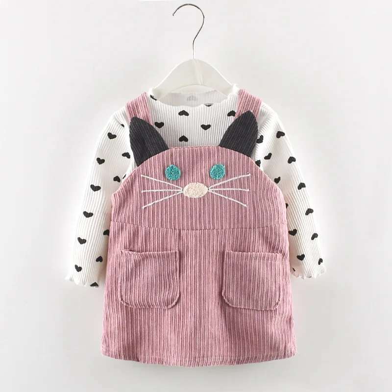 Humor Bear/Коллекция года, осенне-зимние весенние комплекты одежды для девочек Осенняя хлопковая футболка с длинными рукавами и рисунком милого кота+ платье на бретелях одежда для малышей из 2 предметов