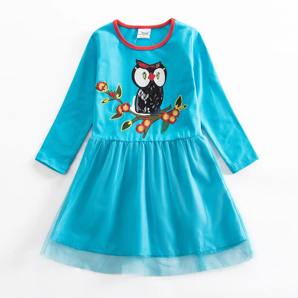 Girls Dresses Cotton Dress Animal Owl Embroidered Pattern Red Blue Long Sleeve for Autumn Winter | Мать и ребенок