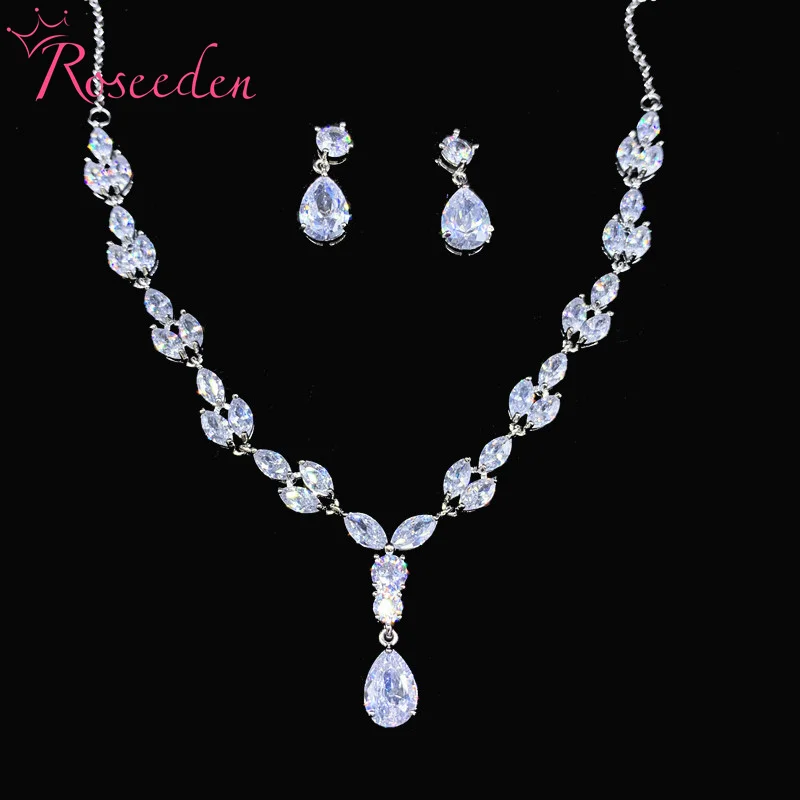 Elegant Teardrop Full Cubic Zirconia CZ Crystal Necklace and Earring Bridal Jewelry Set RE3681