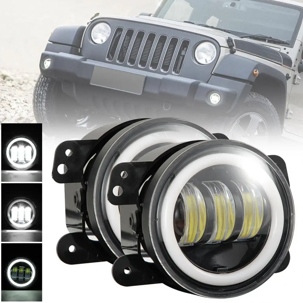  2pcs 4Inch 6000K 30W 1200 LM Auto Car Led Driving Fog Lights with White Halo Ring Off Road WaterPro - 4000144311717