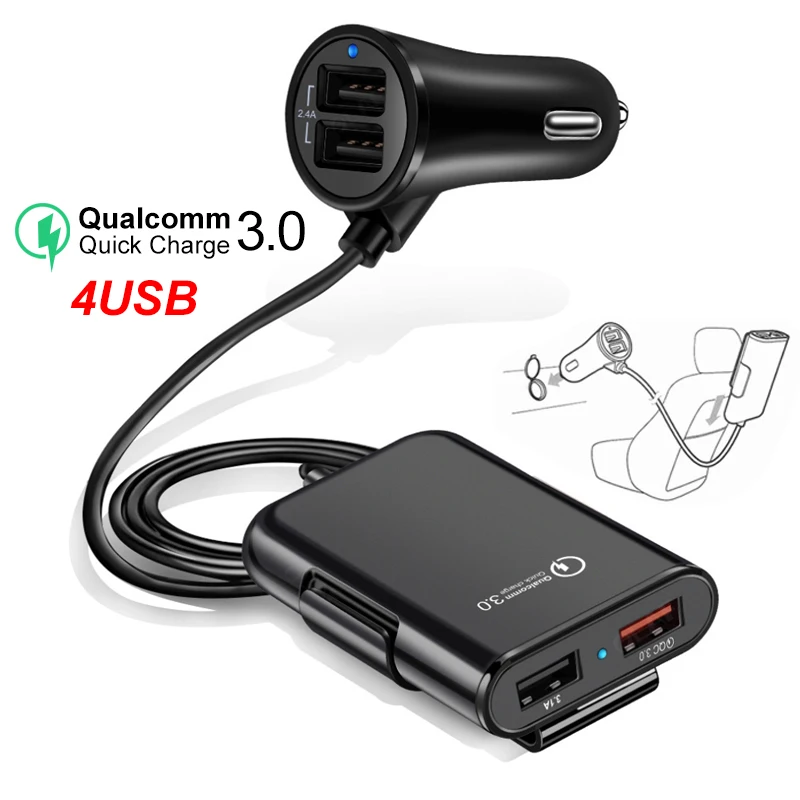 Автомобильное зарядное устройство Quick Charge 3,0, зарядное устройство для мобильного телефона, переднее сиденье, заднее сиденье, зарядное устройство, 4 порта, автомобильное зарядное устройство для S10 A70 S7 Redmi 5