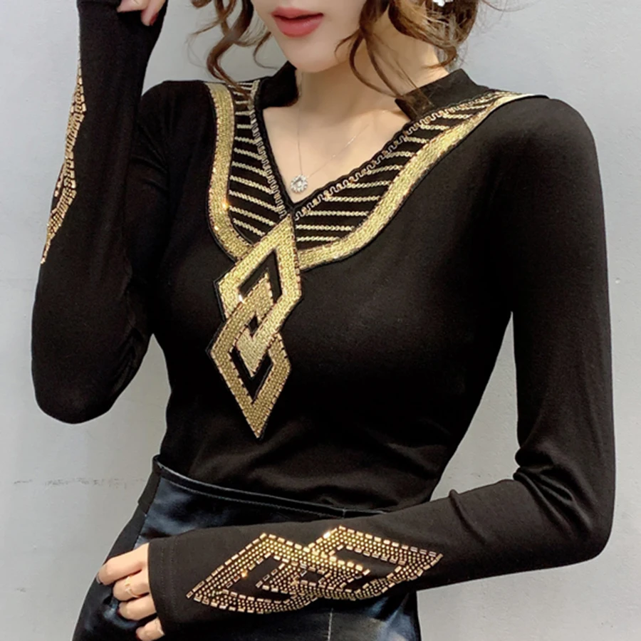 Poleras mujer de moda зимняя модная футболка размера плюс, плотная рубашка с длинным рукавом и v-образным вырезом, футболка со стразами, camiseta mujer