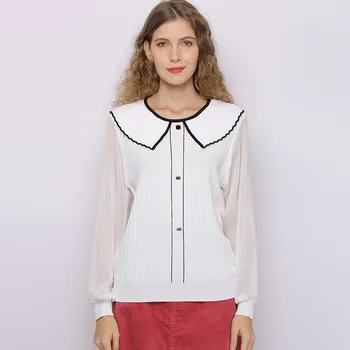 

2020 Spring Women Tops Blouse Solid White Casual Office Basic Shirt Tops Shirt Peter Pan collor Blusas with Long Sleeves