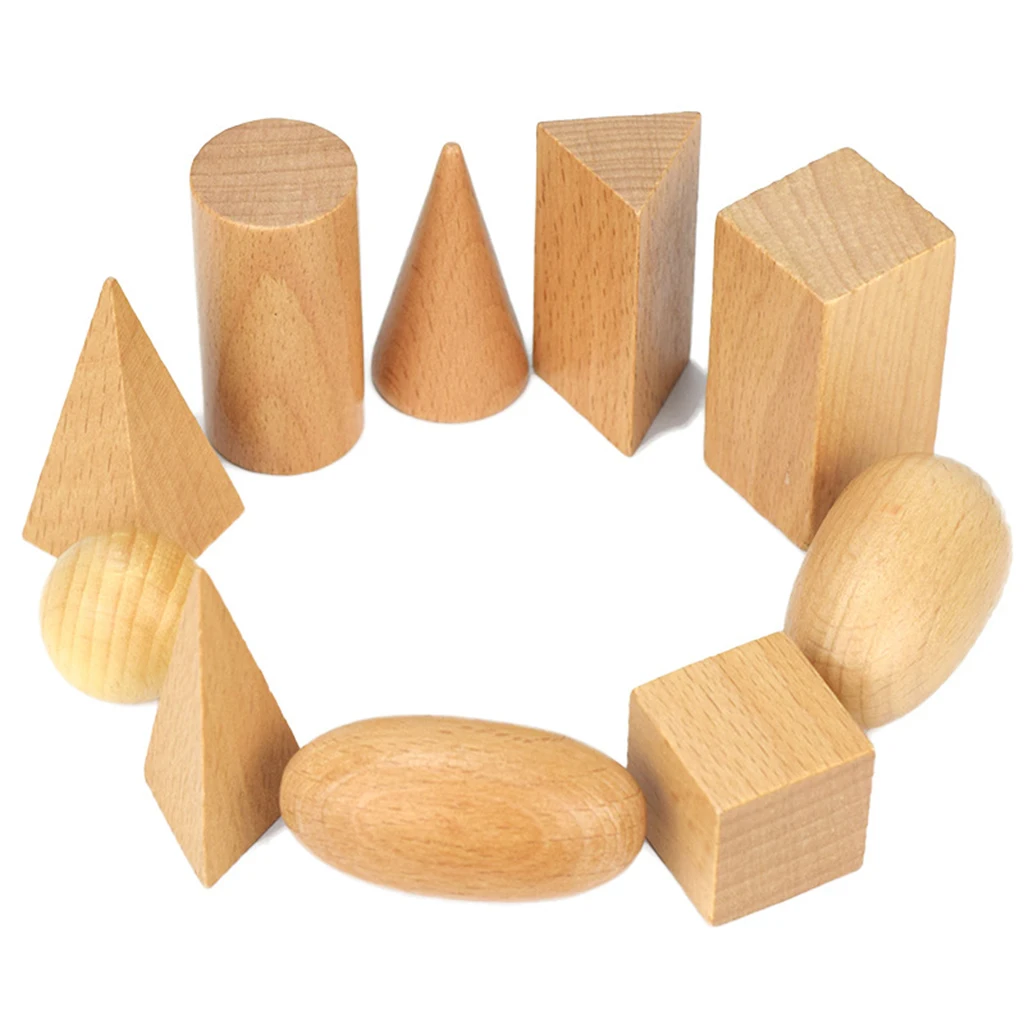 Geometric Solids Montessori Blocks - Set of 10 - Wooden 3D Shapes - Early Math Manipulative and Geometry for Kids