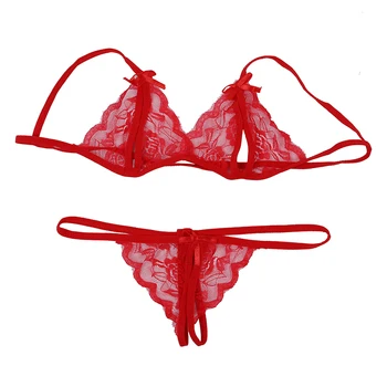 

Women Sexy Lace Open Crotch Thongs G-String Lingerie Underwear + Bra Set HOT