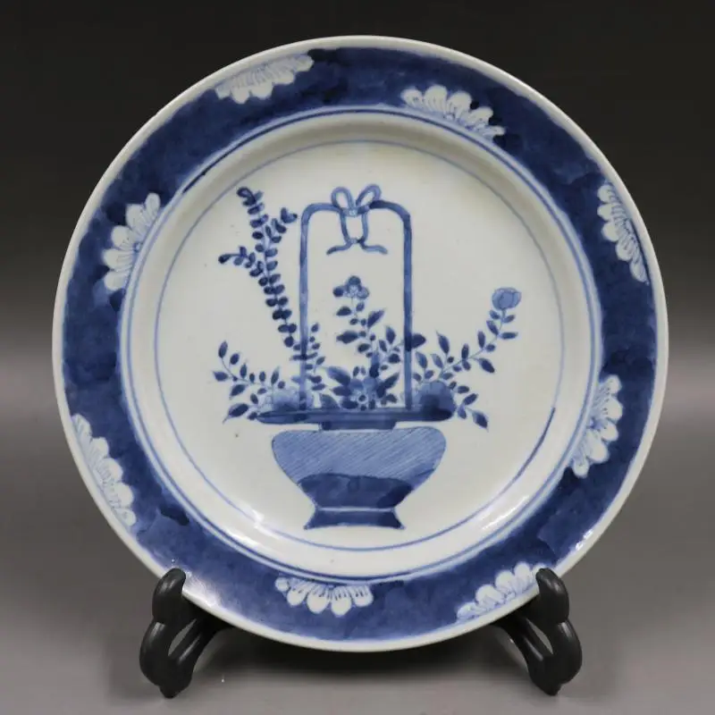 

Qing Kangxi Blue And White Basket Pattern Flat Plate Antique Porcelain Home Ornaments Decoration Plate Antique Collection