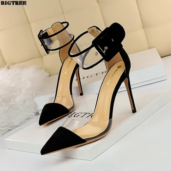 

BIGTREE Korean Version the Super High Heels Suede Splicing Tip Hollow Belt Buckle Hollow Transparent Word Strap Sandals
